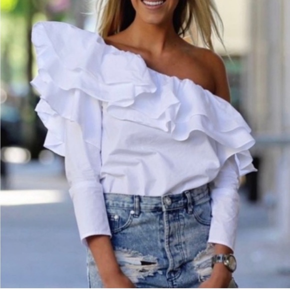 Endless Rose One Shoulder White Ruffle Top - Picture 1 of 11